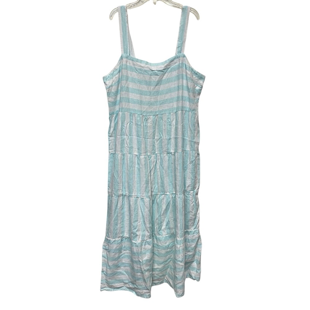 Casa Cabana Linen Blend Dress Women XL Teal White Stripe Tank Sundress Beach